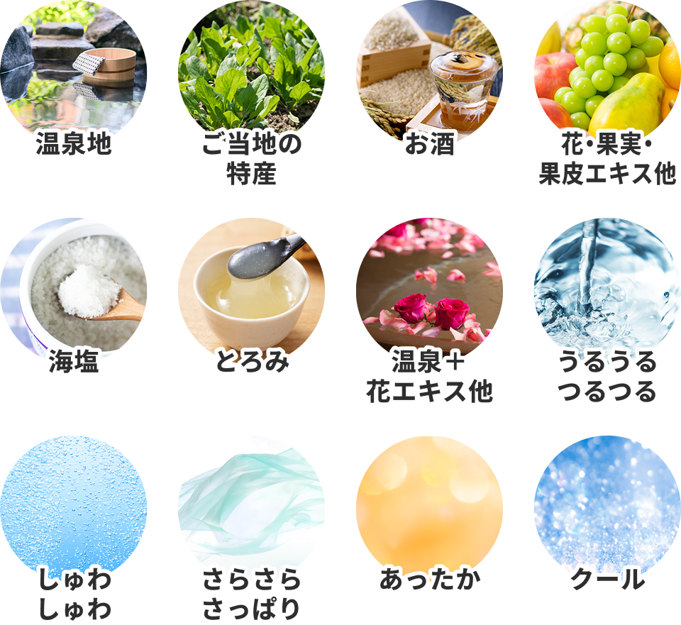 温泉地　ご当地の特産　お酒　花・果実・果皮エキス他　海塩　とろみ　温泉＋花エキス他　うるうる つるつる　しゅわしゅわ　さらさら さっぱり　あったか　クール